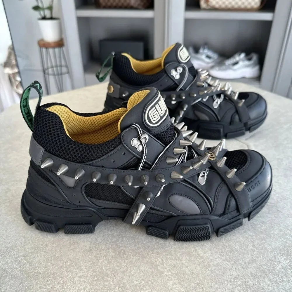 GUCCI Size 8.5 Black Flashtrek Spikes Canvas Leather Trim Sneakers